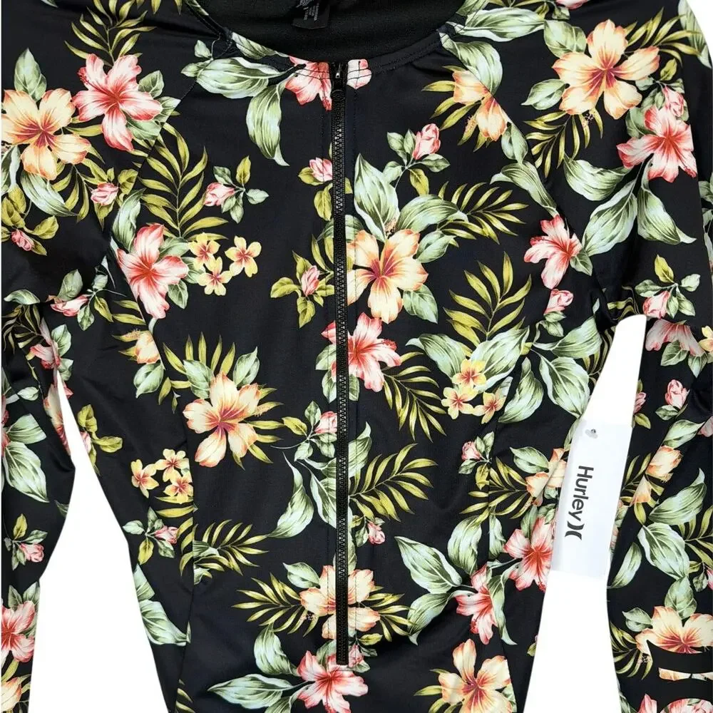 NWT Hurley Floral One Piece Surf Swimsuit Black Size Med Beach Vacation Swimwear
